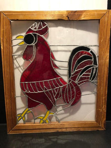 VERY NICE RED ROOSTER STAINED GLASS WINDOW