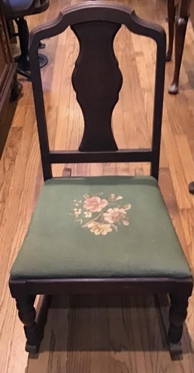 ANTIQUE CHILD'S SIZE NEEDLEPOINT SEAT ROCKING CHAIR