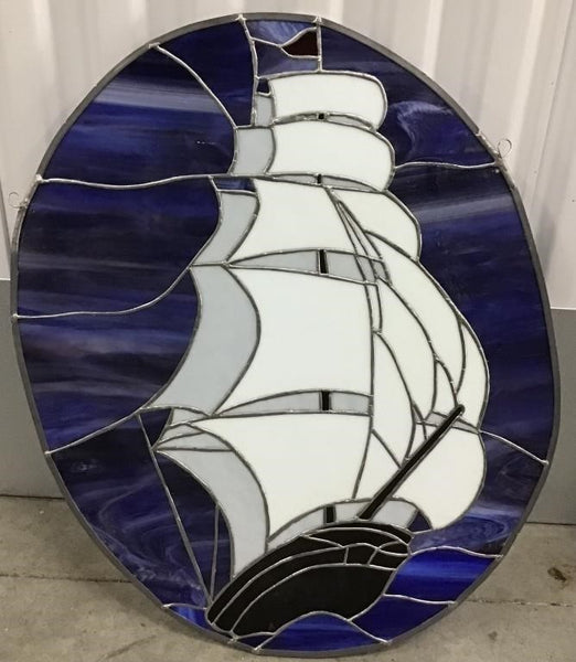 VERY NICE SAILING SHIP STAINED GLASS OVAL WINDOW