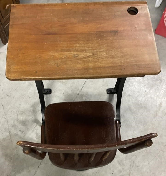 ANTIQUE WOOD AND CAST IRON SCHOOL DESK AND CHAIR