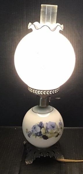 HAND PAINTED BLUE AND WHITE DOUBLE GLOVE LAMP WITH A HURRICANE SHADE (WORKS!)