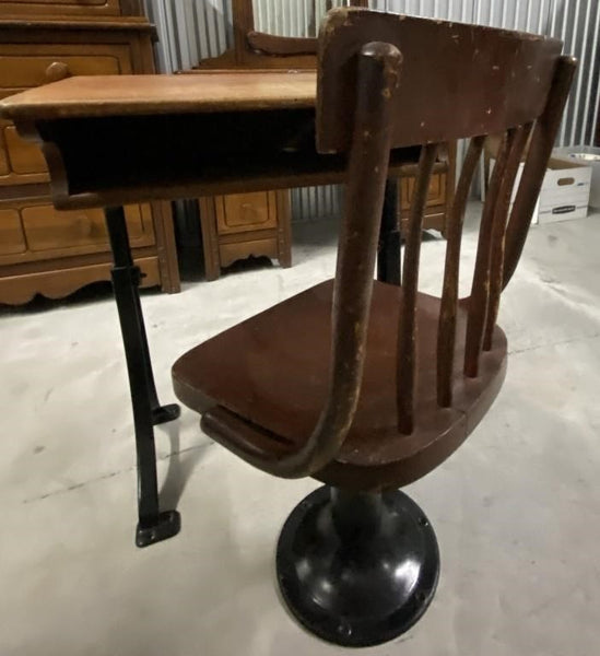 ANTIQUE WOOD AND CAST IRON SCHOOL DESK AND CHAIR
