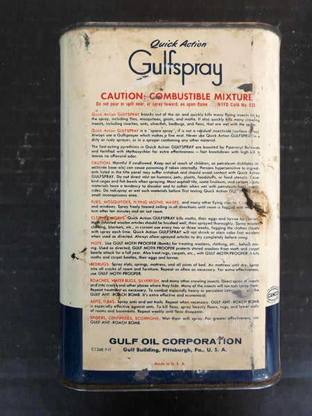 VINTAGE GULF OIL QUICK ACTION GULF SPRAY OLD LOGO 1 QUART EMPTY METAL CAN