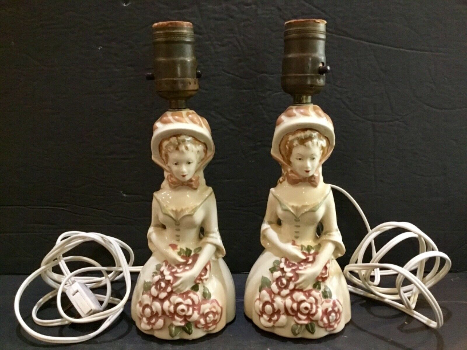 Set of (2) Porcelain Lady Victorian Woman Electric Boudoir Table Lamps
