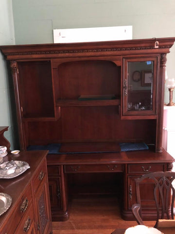 LARGE HEAVY WOOD OFFICE DESK AND HUTCH