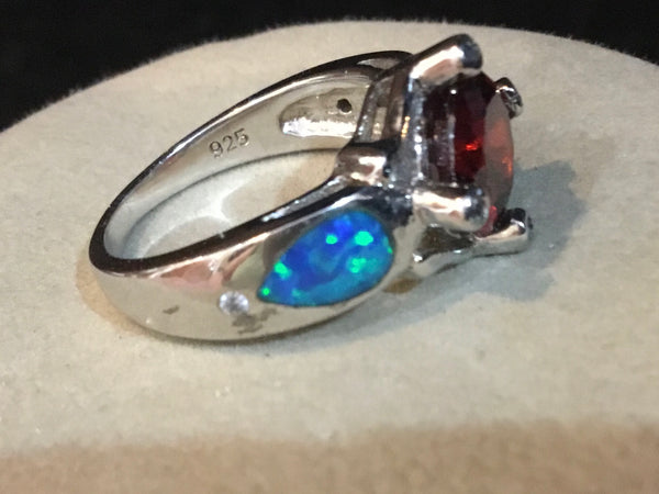 Sterling Silver Ring .925 With Garnet And Opals Size 7