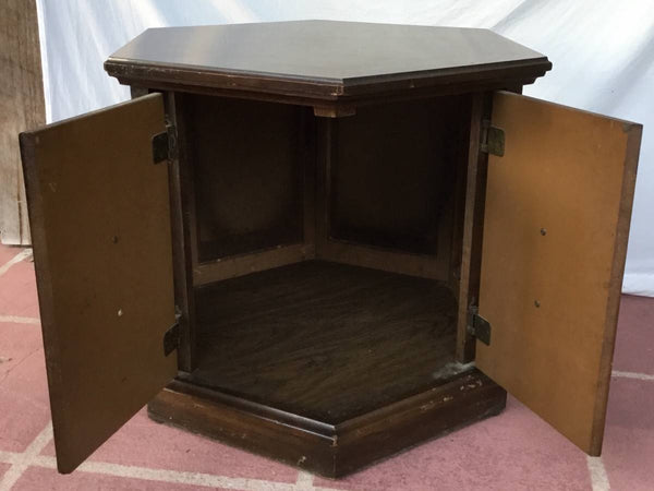 VINTAGE HEXAGONAL SHAPED WOODEN END TABLE WITH 2 DOORS