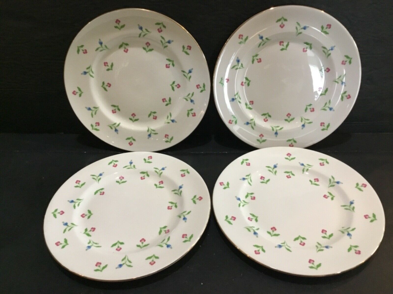 SET OF (4) ROYAL VICTORIA FINE BONE CHINA ENGLAND 8.25” PLATES WITH PINK & BLUE FLOWERS