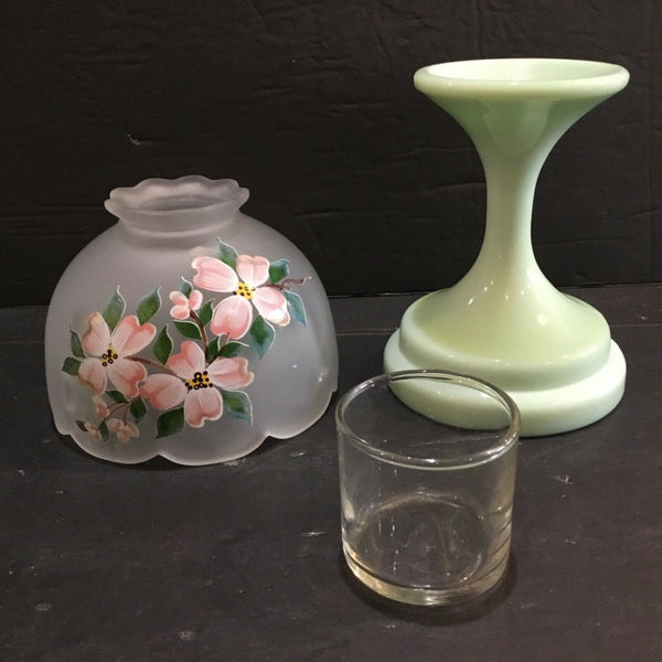 3-Piece Light Green Glass Pedestal with Floral Frosted Glass Shade Votive Holder