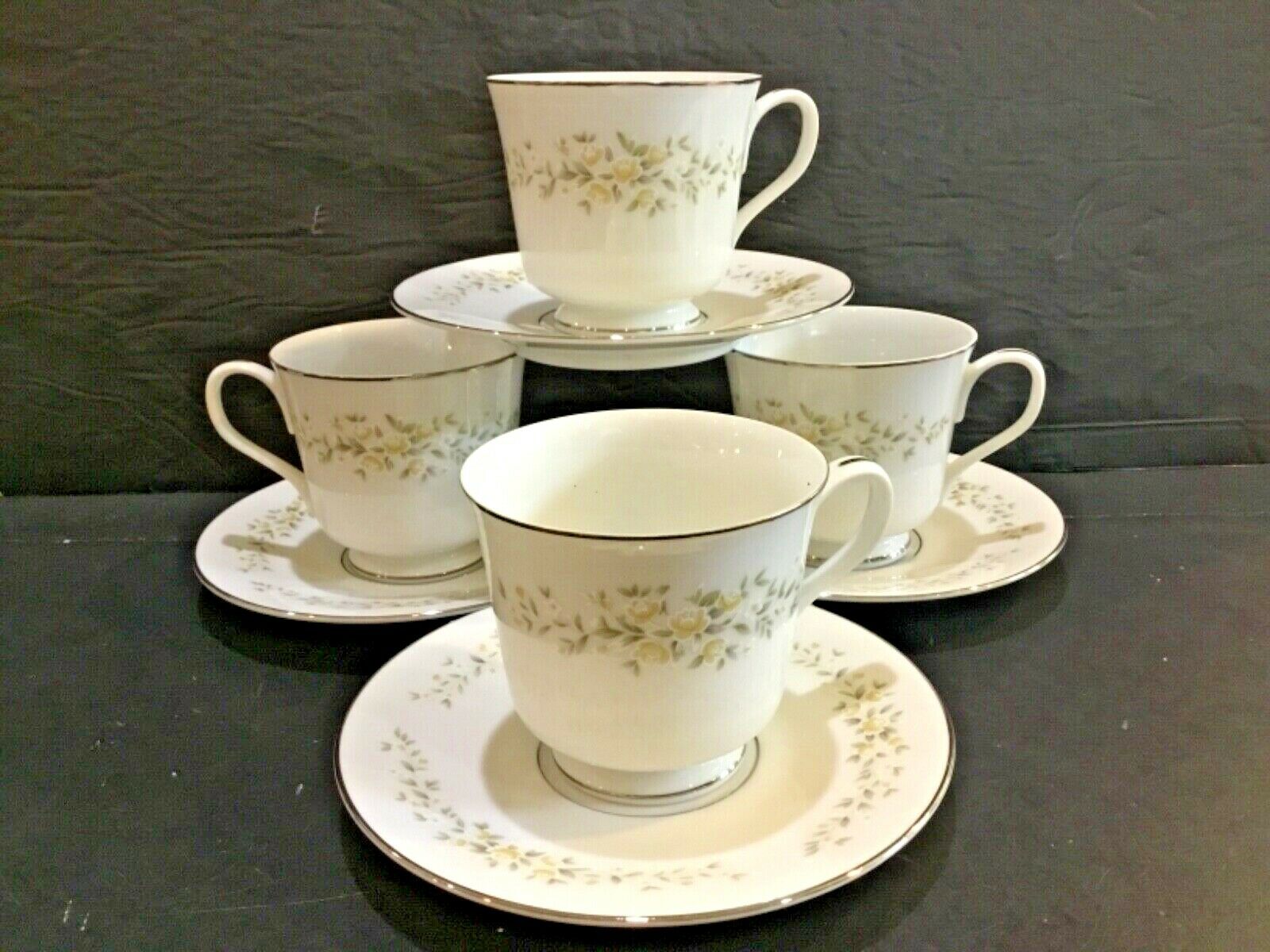 Set of (4) Crown Victoria China Carolyn Footed Cups and Saucers