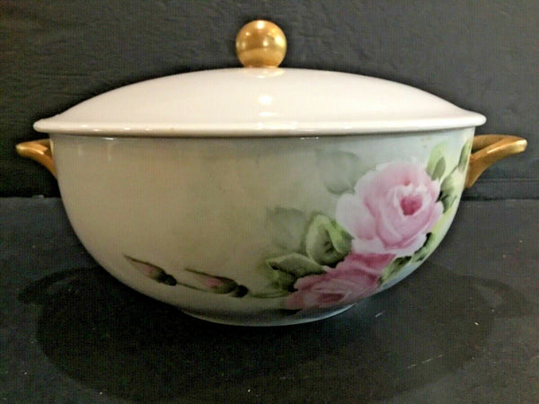Holiday Floral Porcelain Hand Painted Casserole Serving Bowl with Lid