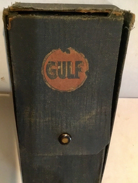 Extremely Rare Gulf Oil Old Logo Sample Tubes Containing Oil Mixtures In Leather Holder