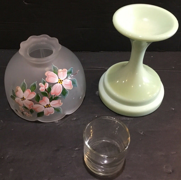 3-Piece Light Green Glass Pedestal with Floral Frosted Glass Shade Votive Holder