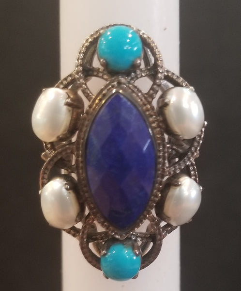 Sterling Silver Ring with Turquoise, Pearls, & Lapis