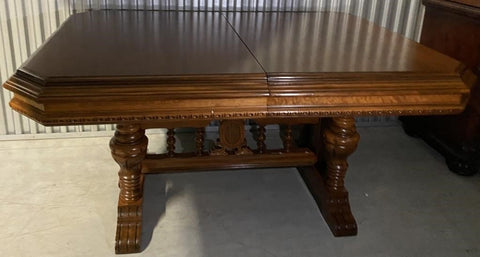 BEAUTIFUL ANTIQUE HEAVY WOOD TRESTLE DINING TABLE