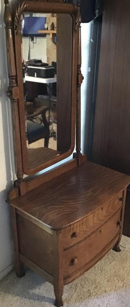 ANTIQUE TIGER OAK MIRRORED VANITY WITH 2 DRAWERS