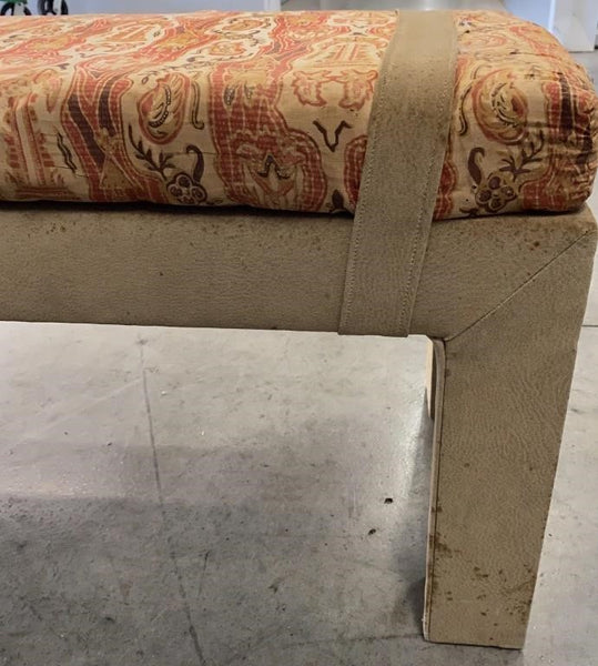 VINTAGE SUEDE BENCH WITH RUST UPHOLSTERED PRINT