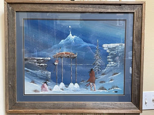 INDIAN BURIAL PAINTING BY KIOWA NATIVE ROBERT REDBIRD (MATTED AND FRAMED)