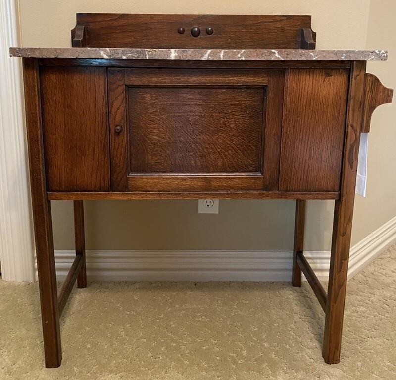 ANTIQUE MARBLE TOP WASH STAND WITH TOWEL BAR ON THE SIDE